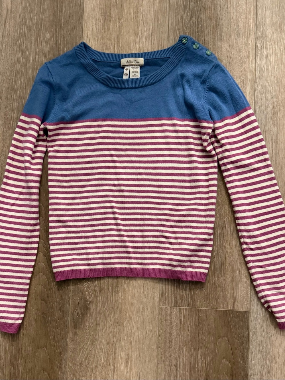 Matilda Jane Blue Yoke Pink and White Striped Crewneck Sweater